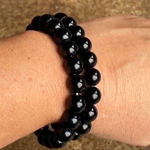 2 stretchy black beaded punk goth bracelets Nuetral minimalist witchy